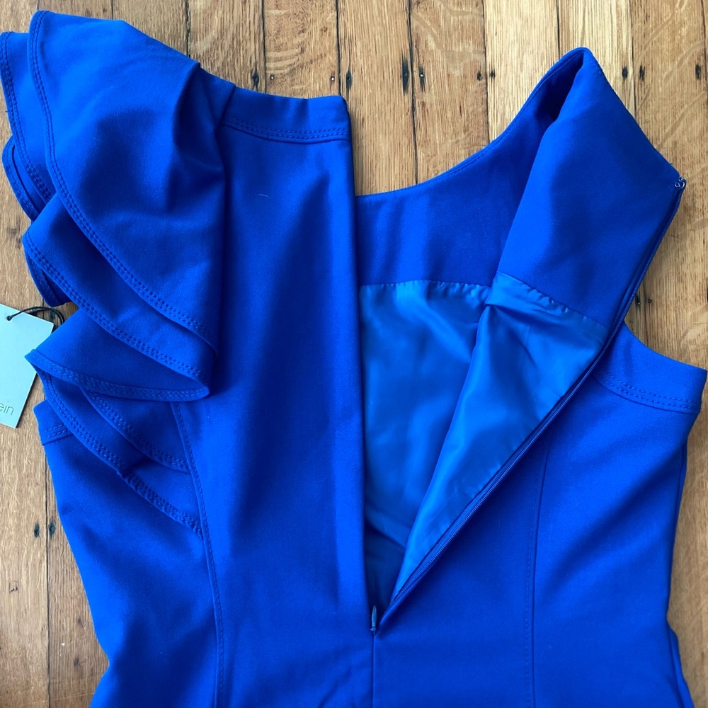 Calvin Klein Royal Blue Sheath with asymmetrical Ruffle detail
